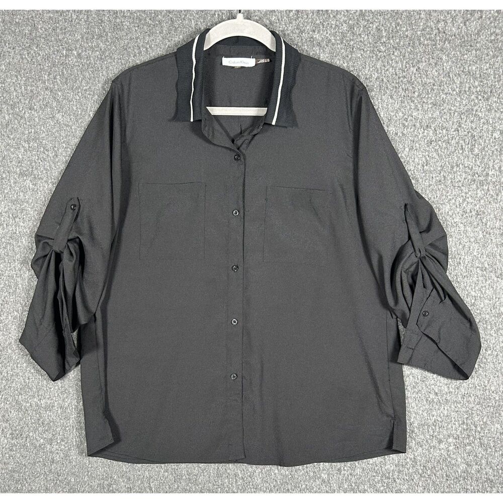 Calvin Klein Contrast Neck Roll Tab Sleeve Blouse XL Black Knit Trim
